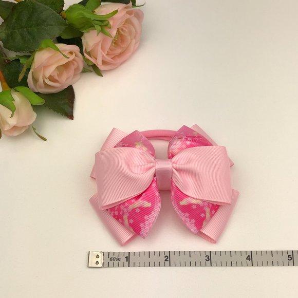 🎀HANDMADE(MTO)🎀 - Multiple Layers Hair Elastic Bows - Pink Floral Printed Ribbon - Picture 3 of 8